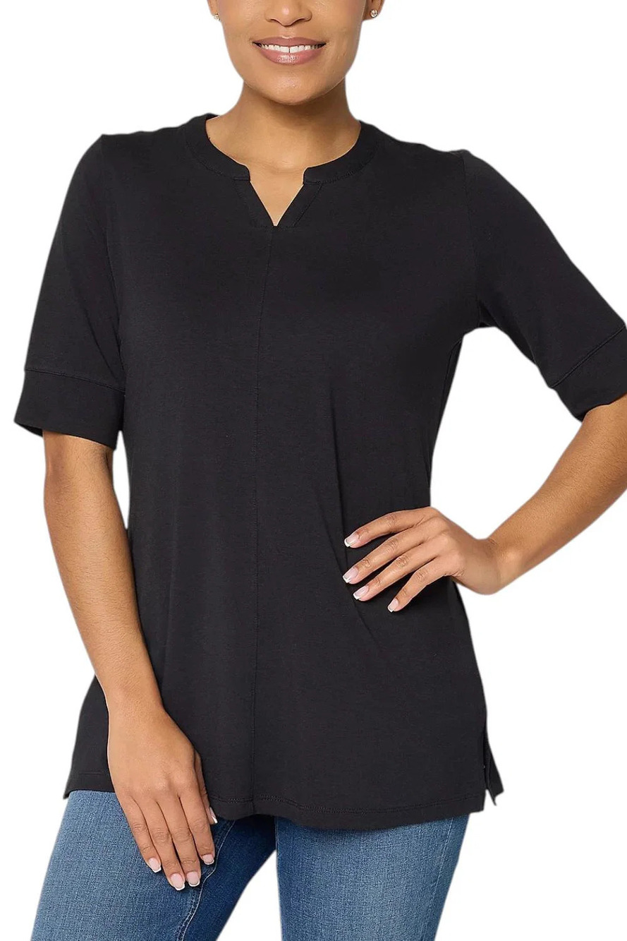 Denim & Co. Essentials Women's So Soft Jersey Split Nk Tunic Blk - Regular
